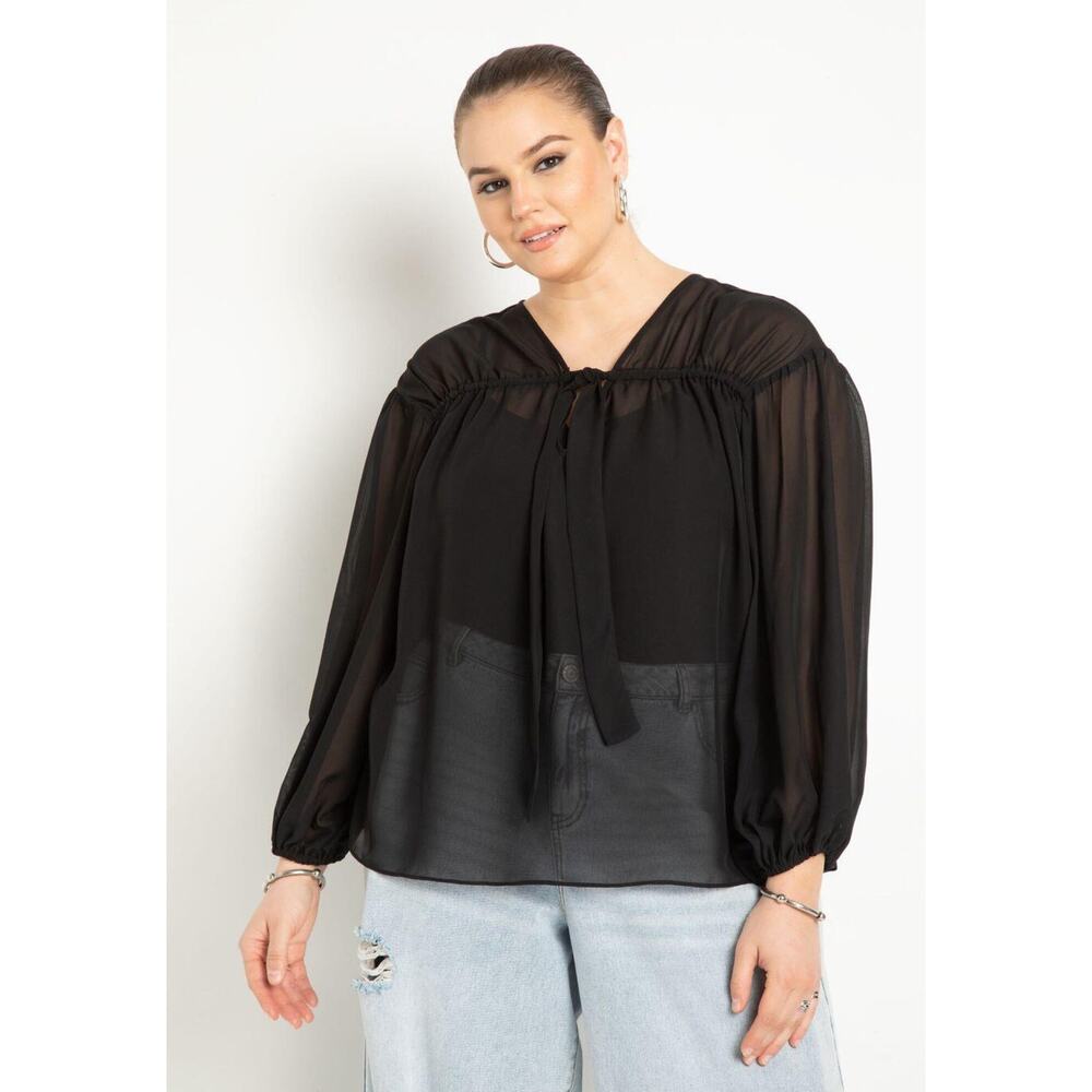 New Eloquii Womans Sz 14 Plus Blouse Tunnel Chiffon Sheer Tie Neck‎ Ruched NWT